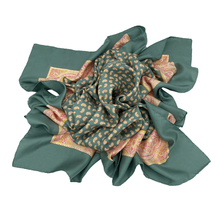 leGlaronais Mint Turquoise Seidenfoulard als Rosette, Siebdruck Mitlödi – letzte Seidendruckerei Schweiz